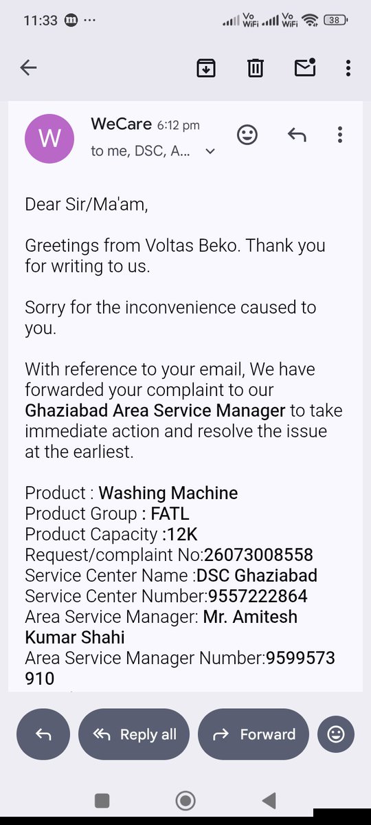 nicks880's tweet photo. @VoltasBeko My case is still not resolved after several weeks. There is no end to waiting on my service request. Req 26073008558 assigned, Engg Ravi Kumar Phn 7503979806. I have even send mail as per screenshot still no action.  Please tell me what should I do. https://t.co/Uv43QDrALv