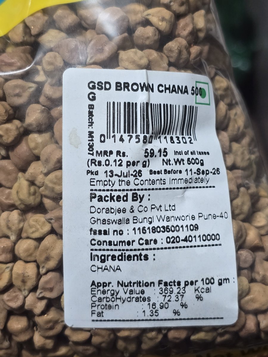 200Nitish's tweet photo. I purchased a packet of GSD Brown Chana from dorobjee viman nagar, packed on 13-Jul-2026. I found what appears to be an insect/foreign object inside the packet.
This raises serious concerns about food quality, hygiene and packaging standards. @FDA_MAHARASHTRA
#TukaramMundhe https://t.co/CZEgGUgqrG