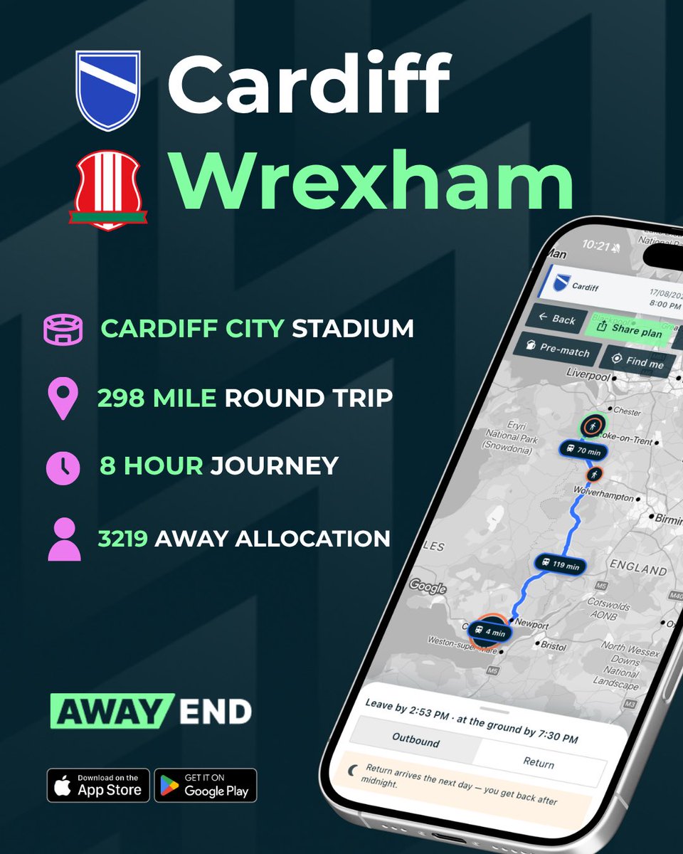 officialawayend's tweet photo. @SkyBetChamp Good luck to the travelling @Wrexham_AFC fans making the journey to the Welsh capital tonight. 

Let us know if you’re making the trip tonight down below and send in your best photos⬇️

#football #matchday #CityAsOne #WexAFC #SkyBetChampionship #AwayDays #AwayEndApp #awayend https://t.co/EdJTvE4IWc