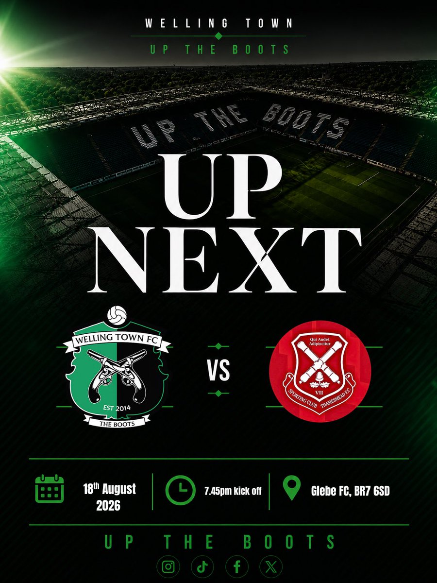 WellingTownFC's tweet photo. 🚨 UP NEXT | BACK IN ACTION

The Boots return tomorrow night against @SCThamesmeadFC . 🥾💚🖤

📅 18th August
⏰ 7:45PM
📍 Glebe FC, BR7 6SD

UP THE BOOTS! 💚🖤

@SCEFLeague 
#UpTheBoots #WellingTownFC https://t.co/4OHyrFwmUD