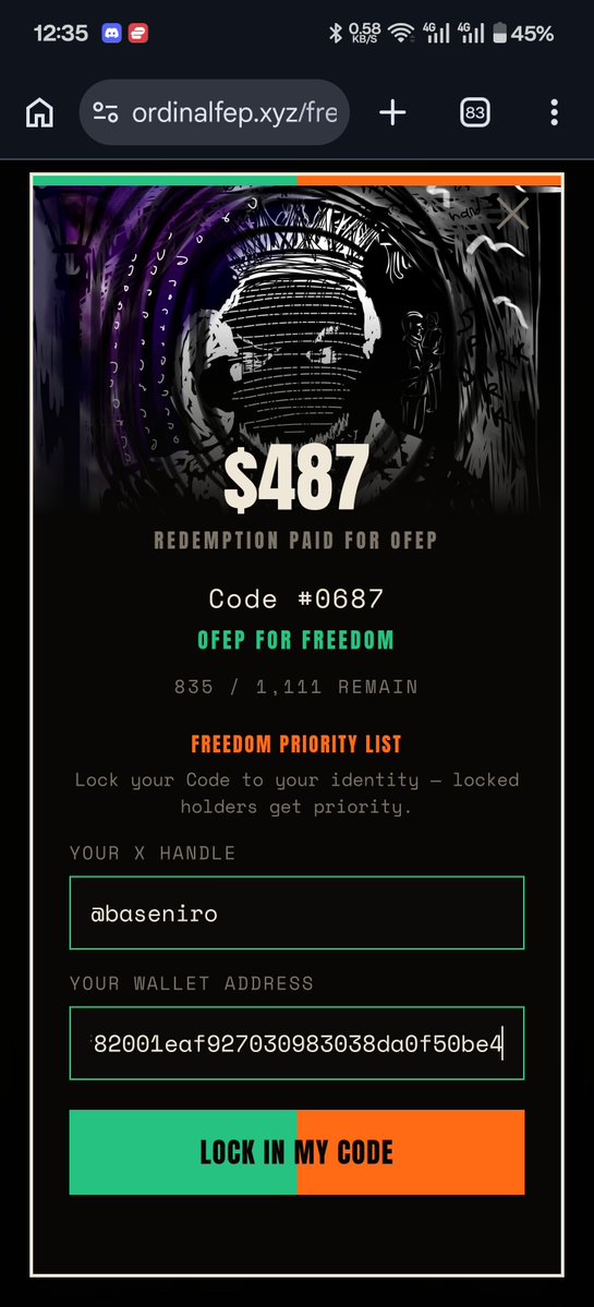 baseniro's tweet photo. @OrdinalFEP I paid $487 in redemption for OFEP.
Code #0687 / 1,111.
How much did yours cost? https://t.co/fdUUZ67nmH https://t.co/yYdAjPYr7Z