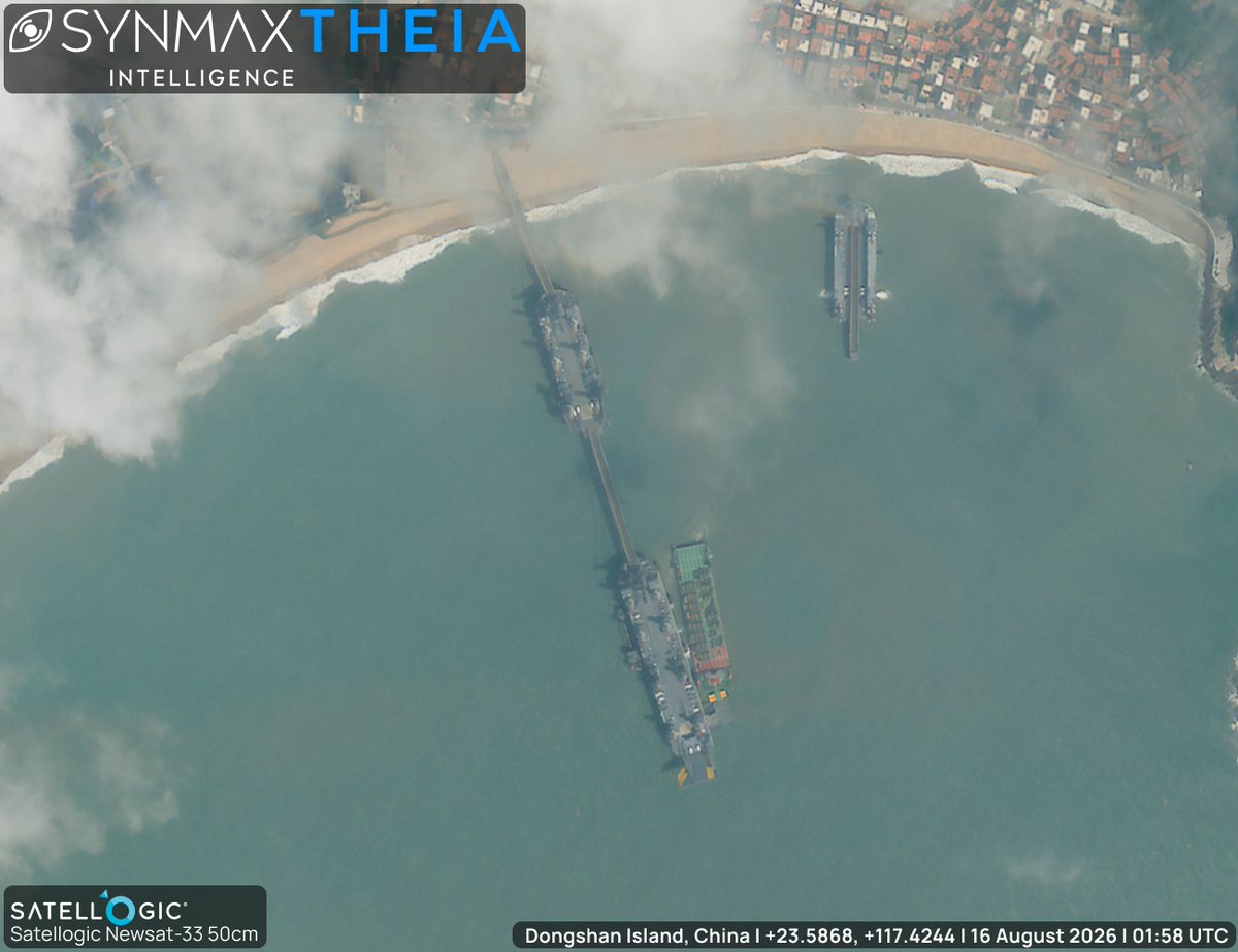 SynMaxInt's tweet photo. UPDATE: SynMax's maritime domain awareness platform, Theia, continues to monitor China's growing fleet of Shuiqiao-class Landing Platform Utilities (LPUs), or self-propelled jack-up barges.

Following our previous coverage (link in comments), yesterday, Theia tasked further Satellogic high-resolution imagery, which clearly shows a vessel alongside one of the eight-legged Shuiqiao-class platforms off Dongshan Island, China. The vessel's ramp is connected to the LPU's ramp, and she appears to have vehicles on deck.

The vessel is assessed as very likely the BO MAO (MMSI 413244720). Prior to this, the BO MAO had reported alongside Berth No. 5 at Haitian Container Terminal, Xiamen, on the 15th of August. Following the observed connection with the LPU, she transited to Shanwei, China.

Ingesting more than 40 million km² of satellite imagery daily, Theia fuses electro-optical imagery with global AIS to automatically detect, identify, and track tens of thousands of vessels, establishing patterns of life against which unusual activity clearly stands out.