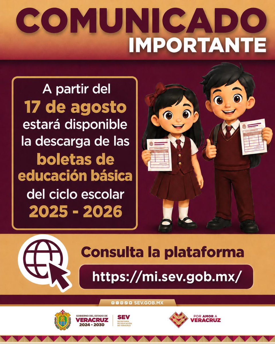 SEducacionVer's tweet photo. 📚 ¡Consulta tus boletas!

Ya están disponibles las boletas de Educación Básica del ciclo escolar 2025-2026.

Ingresa a la plataforma, consulta la información y realiza tu descarga.
🌐 https://t.co/ZlFOaCXOnS

#PorAmorAVeracruz https://t.co/5BfmOjzIkG