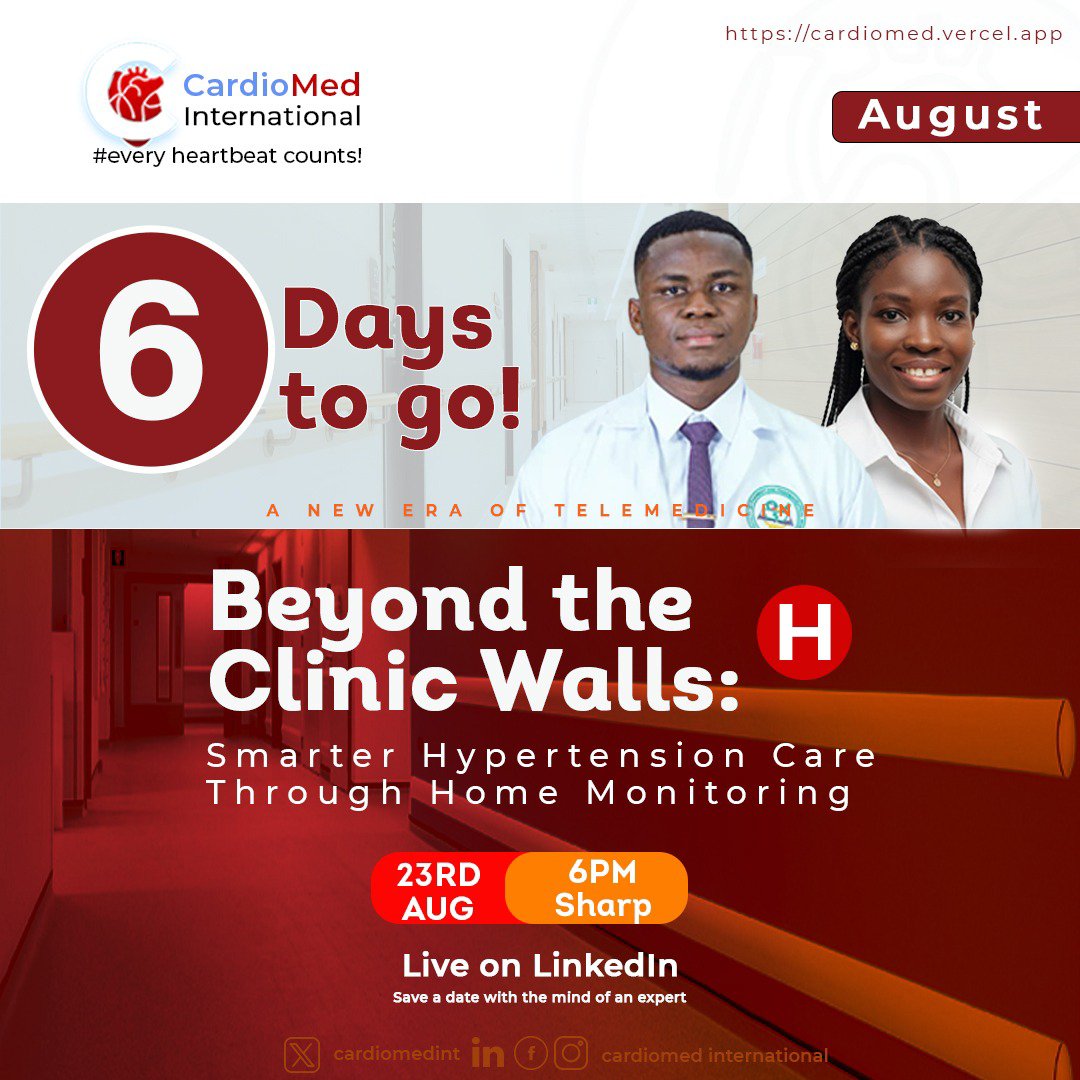 SafoJoshua's tweet photo. It's getting closer and closer... 6days more 🥳🥳🎊

Beyond the Clinic Walls ✨

The New era of smart Hypertension care is almost here. 
Don't be left out ✊

📅: Sunday, 23rd August, 2026
🕕: 6:00pm (GMT)
📍: Live on LinkedIn 

https://t.co/uboeYYJ4q4

#CardioMedInternational https://t.co/mUH7vqDj0F
