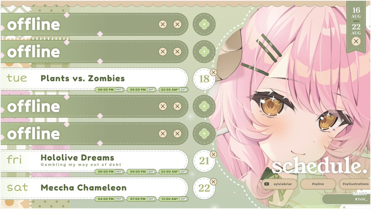 sylviebriar's tweet photo. i just realized i never posted my schedule LOL neways..

✿ Oshi mark: 🐏💤 
✿ Live: #sylive
✿ Art: #syllustrations
✿ Website: https://t.co/RgY6QJD4R9 https://t.co/g2fPDJQsxZ