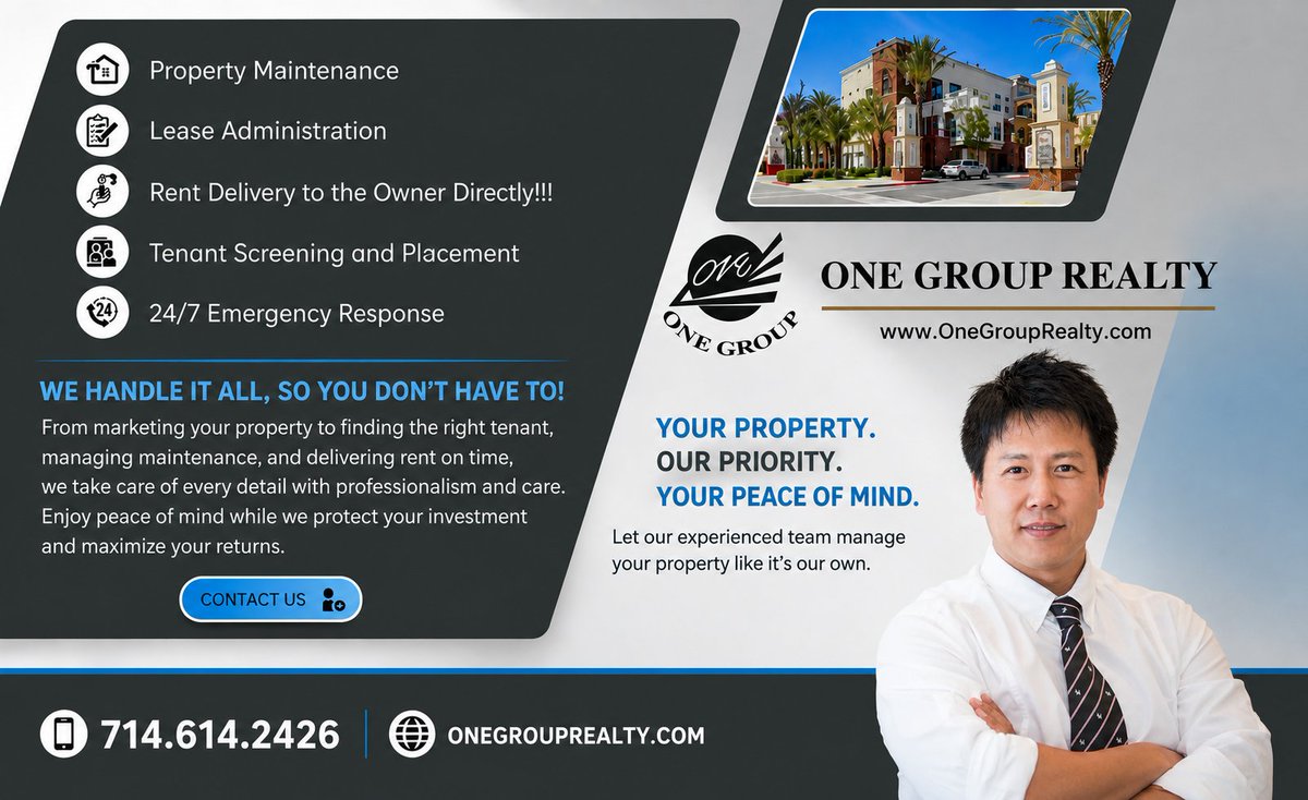 LAOCBROKER's tweet photo. 🏡 YOUR PROPERTY. OUR PRIORITY. YOUR PEACE OF MIND.

Owning a rental property should be an investment—not another full-time 

📞 Charles Lee, Broker/Owner
One Group Realty
714.614.2426
DRE #01361071
https://t.co/OwZpq1Twkt

Experience. Trust. Results
#onegrouprealty #LA&amp;OC https://t.co/0rh2lPZaYa