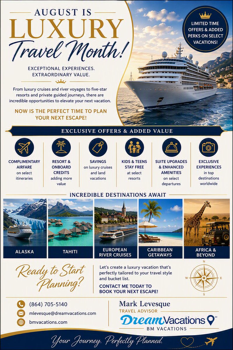 BinaryMaverick's tweet photo. 📷 August is Luxury Travel Month! 📷
From luxury cruises and European river voyages to tropical resorts and bucket-list destinations around the globe, now is a great time to start planning your next escape. With special offers and added perks available on select vacations, there's never been a better time to travel in style.
📷 (864) 705-5140�📷 mlevesque@dreamvacations.com�
📷 https://t.co/sM8cVt41jo