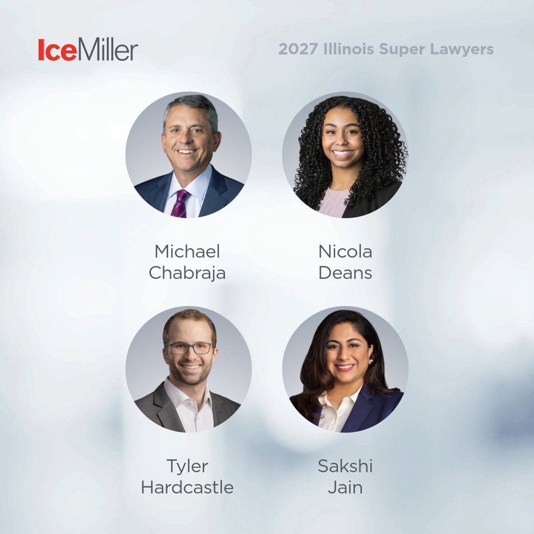 IceMillerLLP's tweet photo. Congratulations to Michael Chabraja, Nicola Deans, Tyler Hardcastle and Sakshi Jain on being recognized in the 2027 Illinois Super Lawyers and Rising Stars lists! We're proud to celebrate this well-deserved recognition of their talent and client service. https://t.co/mBmcF3P9z8 https://t.co/WJVGoSsZ5R
