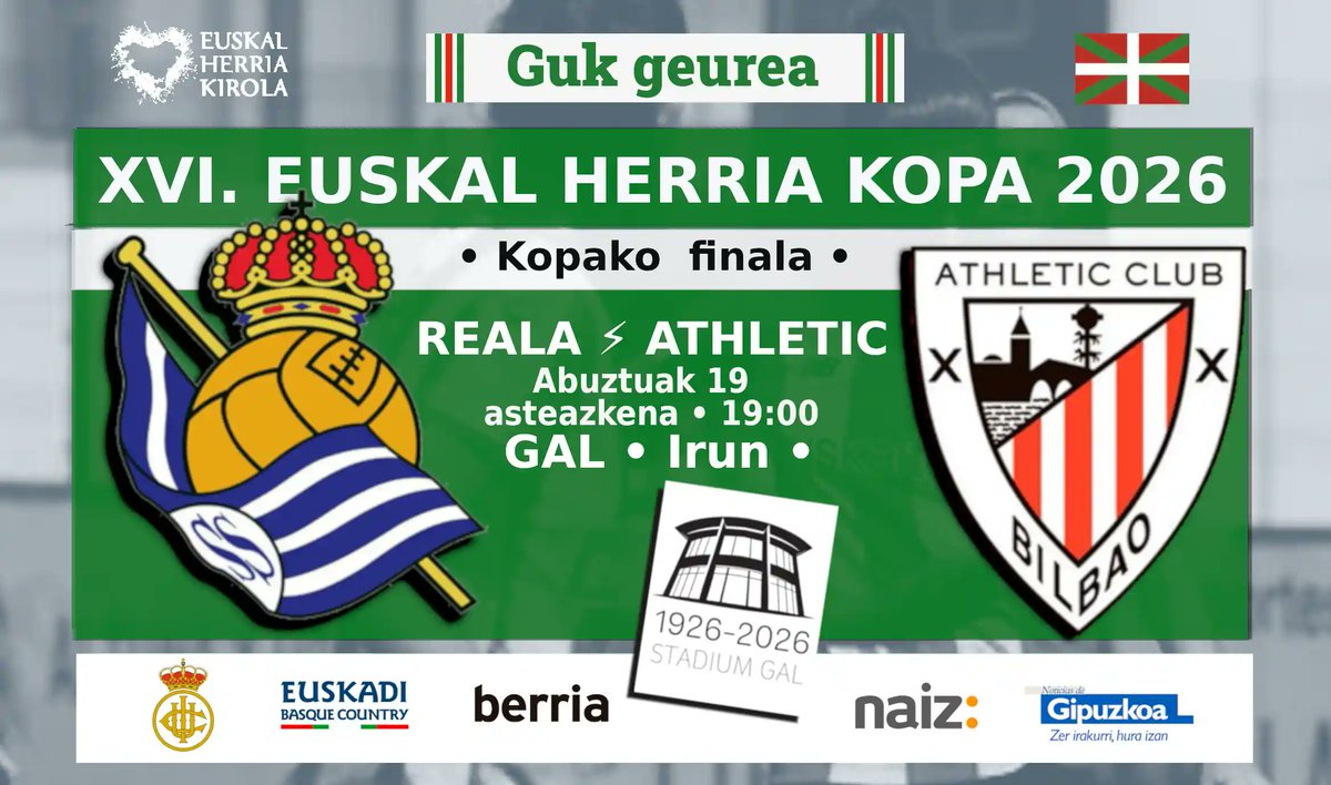 ehkirola's tweet photo. 🏆️ XVI.EHKopa2026 ⚽️️
📢 FINALA
✅️@RealSociedadFEM⚡️@AthleticClubFem
🗓️ Abuztuak 19 • asteazkena
🏟️ #StadiumGAL #Irun
#EHKopa
▶️ https://t.co/yJ2l6f1c46 https://t.co/VTHkA6A73z