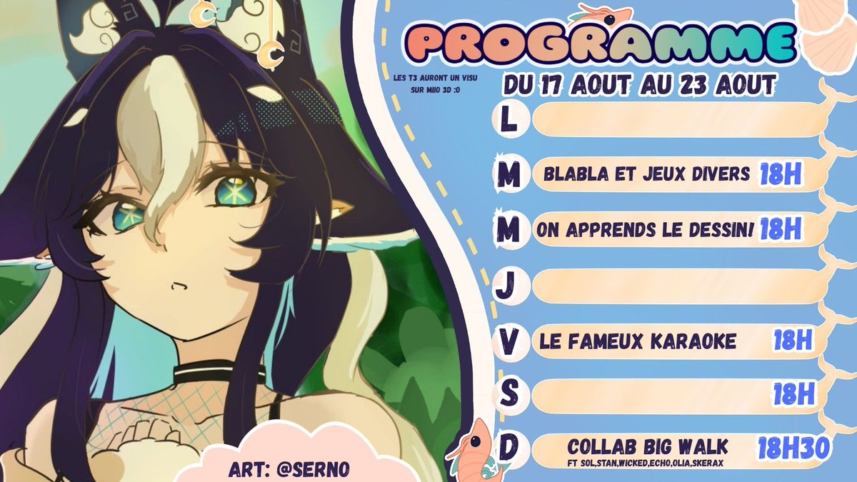 Miiotheorca's tweet photo. Programme de la semaine!   

🌊Mardi: On blablate et on joue à pleins de jeux!  
🌊Mercredi: On apprends le dessin ensemble!  
🌊Vendredi: C'est ENFIN le karaoke!!  
🌊Dimanche: Notre collab Big Walk!   

On se donne rdv dès 18H ici!https://t.co/zfmAQYeJmG https://t.co/WXWLVrLwul