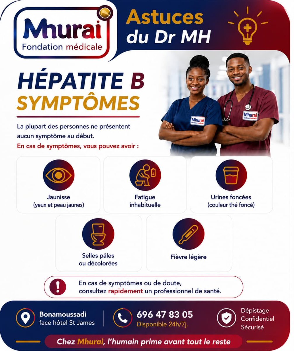 fmhurai's tweet photo. ⚠️ L’hépatite B ne dit souvent rien… jusqu’à ce que ce soit trop tard. Jaunisse, fatigue, urines foncées, douleurs au foie… Connaissez les signes qui doivent vous alerter. En cas de doute, consultez rapidement. 🔴 #Mhurai #HépatiteB https://t.co/cXgiYJRWWM