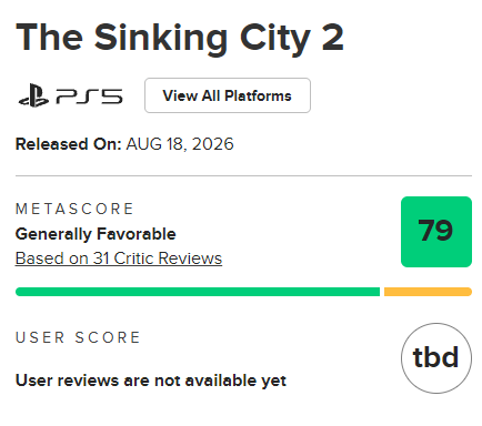 emirkul00's tweet photo. The Sinking City 2 Metacritic'te 79 ortalama ile açılış yaptı. https://t.co/fq1qYVfAuY