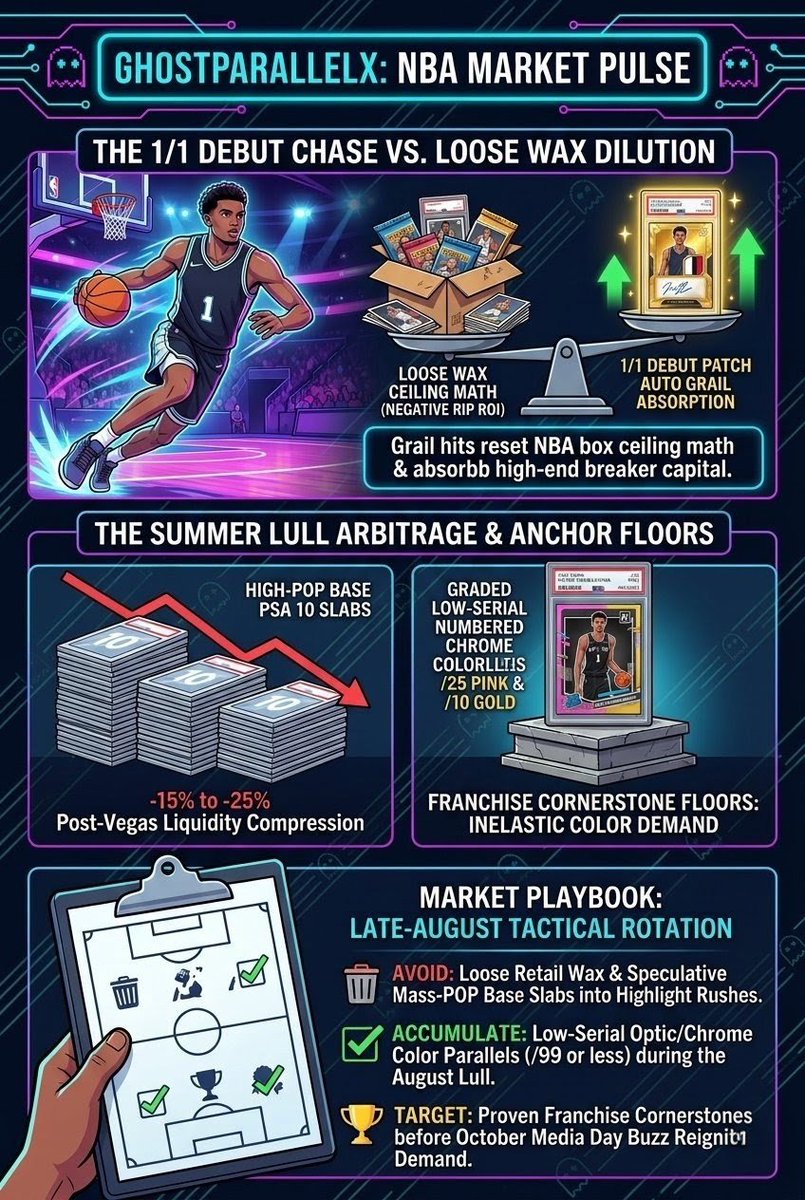 GhostParallelX's tweet photo. 📊 NBA MARKET INTELLIGENCE: Late-Summer Chromium Absorption & The Pre-Season Rookie Squeeze

As mid-August secondary volume consolidates across @CardLadder, modern basketball card markets are seeing a structural capital rotation driven by late-summer lull dynamics and product rollouts:

• 1/1 Debut Patch Auto Ceiling: High-end chases headlined by incoming flagship rookie debuts (Cooper Flagg, Dylan Harper, Kon Knueppel) are absorbing massive case-breaker liquidity, resetting modern basketball box ceiling math.
• Victor Wembanyama Floor Inelasticity: Sophomore base refractors, rare inserts, and scarce licensed autographs continue to anchor modern hoops trading, insulating high-tier assets from typical summer dead-period drawdowns.
• Summer League Speculation Fatigue: Post-Vegas hype has officially cooled for unproven draft picks, with unnumbered raw base and high-POP PSA 10 slabs seeing predictable 15%–25% margin compression.

Why disciplined basketball card allocators are adjusting strategies heading into training camp:

1️⃣ The "Summer Lull" Liquidity Squeeze
Between Summer League buzz and late-September training camp hype, speculative rookie pricing regularly hits an annual liquidity valley. Retail capital trapped in mass-produced base paper gets squeezed, creating a prime accumulation window for condition-sensitive numbered color parallels (/99, /49, /25) at rational entry points.

2️⃣ 1/1 Grail Chasing vs. Loose Wax Dilution
Top-end 1/1 chase hits artificially inflate loose hobby box pre-orders and sealed case prices. Pack-ripping carries an increasingly steep negative ROI profile—disciplined collectors bypass the wax tax to scoop mispriced serialized rookie singles directly from secondary platforms during post-release supply floods.

3️⃣ Strategy Playbook
Avoid buying unnumbered raw base singles or chasing speculative rookies off Summer League highlights. Utilize the late-summer dead period to liquidate high-POP modern base slabs and rotate dry powder exclusively into low-serial color parallels and authenticated autographs of proven franchise anchors before pre-season media buzz reignites demand.

Track checklist mechanics, avoid high-POP base traps, target verified serial scarcity. 📈

Late-summer lull pricing offers the best accumulation window before October media days inflate the market, but paying high premiums for unnumbered rookie base is an instant trap. Are you accumulating low-serial rookie color now or holding cash for opening night?

#TheHobby #NBACards #BasketballCards #ToppsChrome