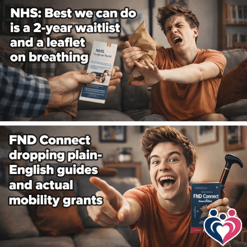 fndconnect_uk's tweet photo. A 2-year waitlist and a paper bag isn't a treatment plan.

While the system makes you wait, FND Connect is actually doing something about it. We're dropping plain-English guides and funding real mobility grants for FND patients.

Get the cane, ditch the leaflet.

#FNDAwareness https://t.co/CwwdRweYAu
