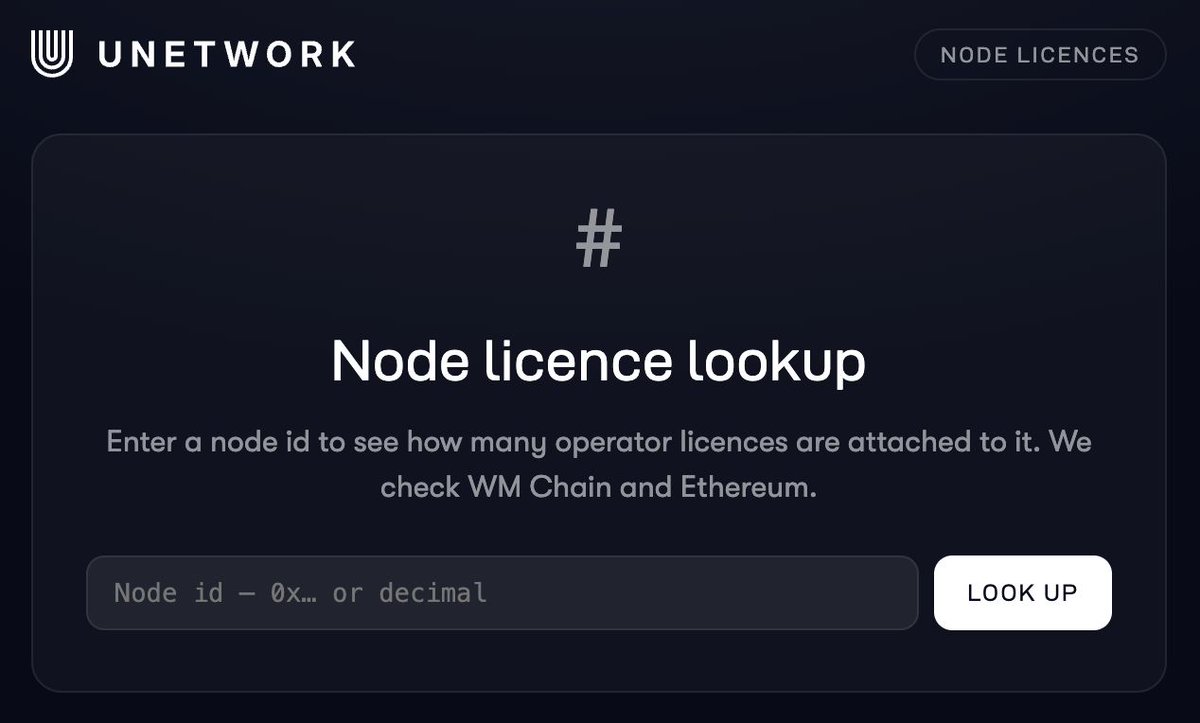 UnityNodesIO's tweet photo. Verify the Licences Attached to a Unetwork Node Before You Trade

With Unetwork Node Software Licences now tradable on OpenSea, we’ve seen an important question from the community:

How can I confirm the number of Operator Licenses attached to a Node before I trade it?

You can verify this independently.

OpenSea currently displays licence data as a metadata trait, but links within traits are not clickable on the platform. This means you may see the licence data on OpenSea without being able to open the underlying link directly.

The simplest and recommended way to check is through the Unetwork Node Licence Lookup:

https://t.co/dfjriamEM8

Enter either the Node Token ID or Node hex ID and select LOOK UP.

The lookup checks both World Mobile Chain and Ethereum and shows:

• The exact number of Operator Licences currently attached to the Node
• The Node ID
• The network the Node is on
• The current owner

This gives buyers and sellers a simple way to independently verify the licence count for a Node before completing a trade.

Before trading a Unetwork Node, check the Node ID and verify the licences attached to it.