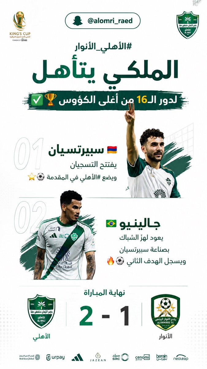 alomri_raed's tweet photo. #الأهلي_الأنوار

🇦🇲 سبيرتسيان يفتتح التسجيل ويضع #الأهلي في المقدمة ⚽️⭐️

🇧🇷 جالينيو يعود لهزّ الشباك بصناعة سبيرتسيان ويسجل الهدف الثاني 🔥⚽️

الملكي يحسمها (2-1) ويحجز مقعده في دور الـ16 من #أغلى_الكؤوس 🟢🏆✅ https://t.co/KKgNlRNtmn