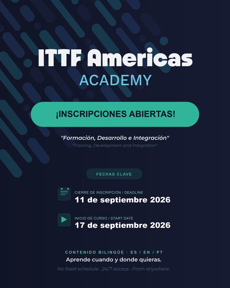 ITTFAmericas's tweet photo. 🚨 ¡Inscripciones abiertas!

Sé parte de la ITTF Americas Academy 

Una gran oportunidad para crecer y capacitarte junto a profesionales del tenis de mesa en todo el continente 📚

🗓️ Cierre de inscripción: 11 SEP
▶️ Inicio: 17 SEP

➕ https://t.co/CgbU68pnv1 https://t.co/mBH1uY8LZw