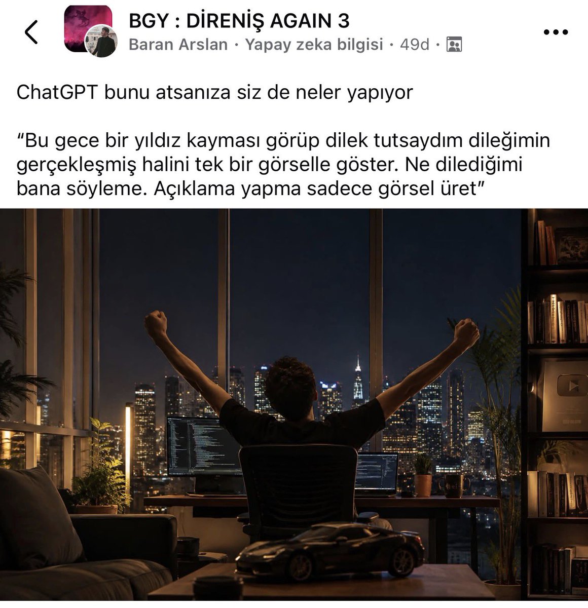 bgyetherr's tweet photo. Akım varmış 

“Bu gece bir yıldız kayması görüp dilek tutsaydım dileğimin gerçekleşmiş halini tek bir görselle göster. Ne dilediğimi bana söyleme. Açıklama yapma sadece görsel üret” https://t.co/ptjpgVBnSo