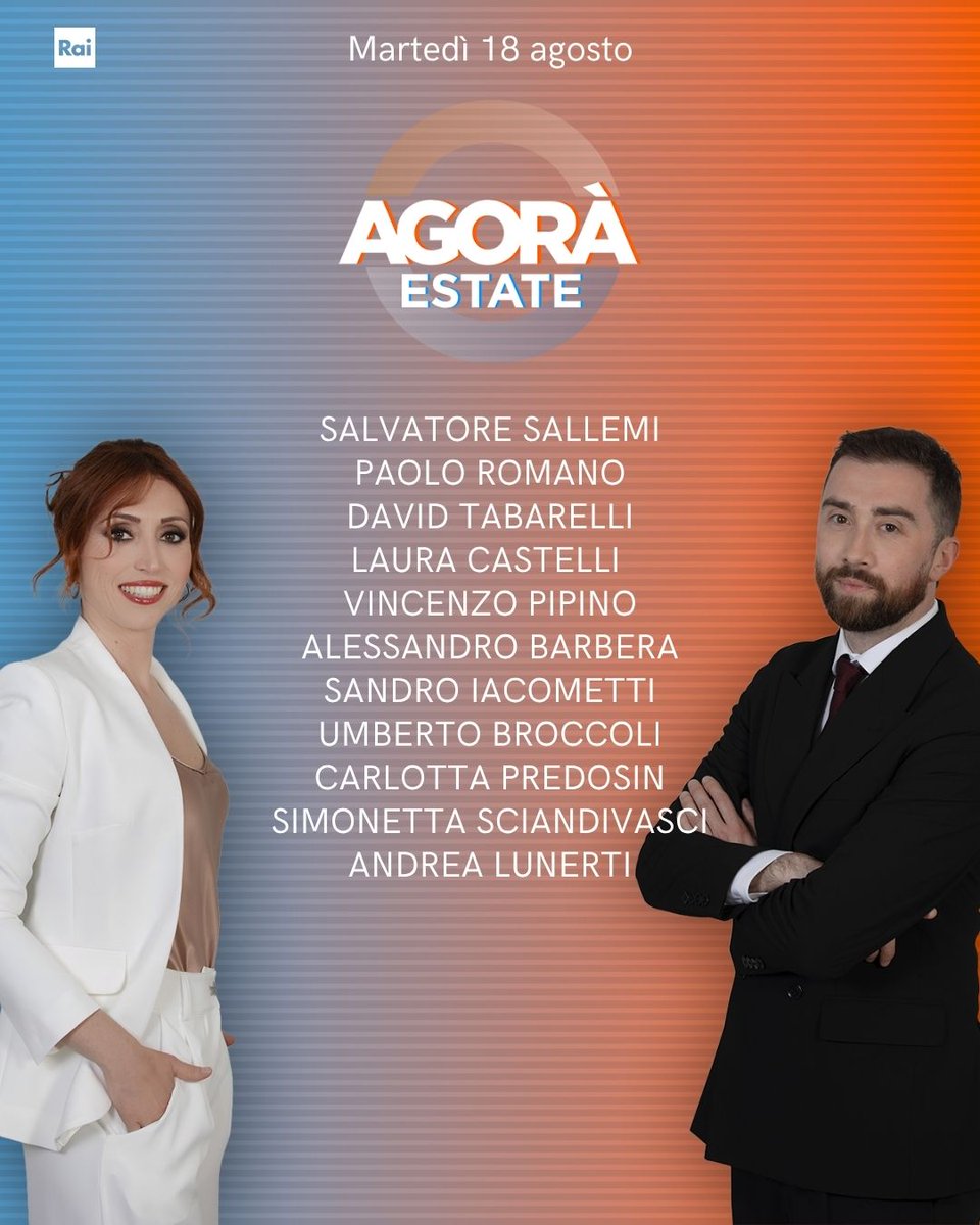 agorarai's tweet photo. Ecco gli ospiti di Giulia Di Stefano e Marco Carrara di martedì 18 agosto ad Agorà Estate.
Vi aspettiamo dalle 8.00 su #Rai3 e #RaiPlay.
#AgoraEstate #AgoraRai https://t.co/OkOhdu47Dz