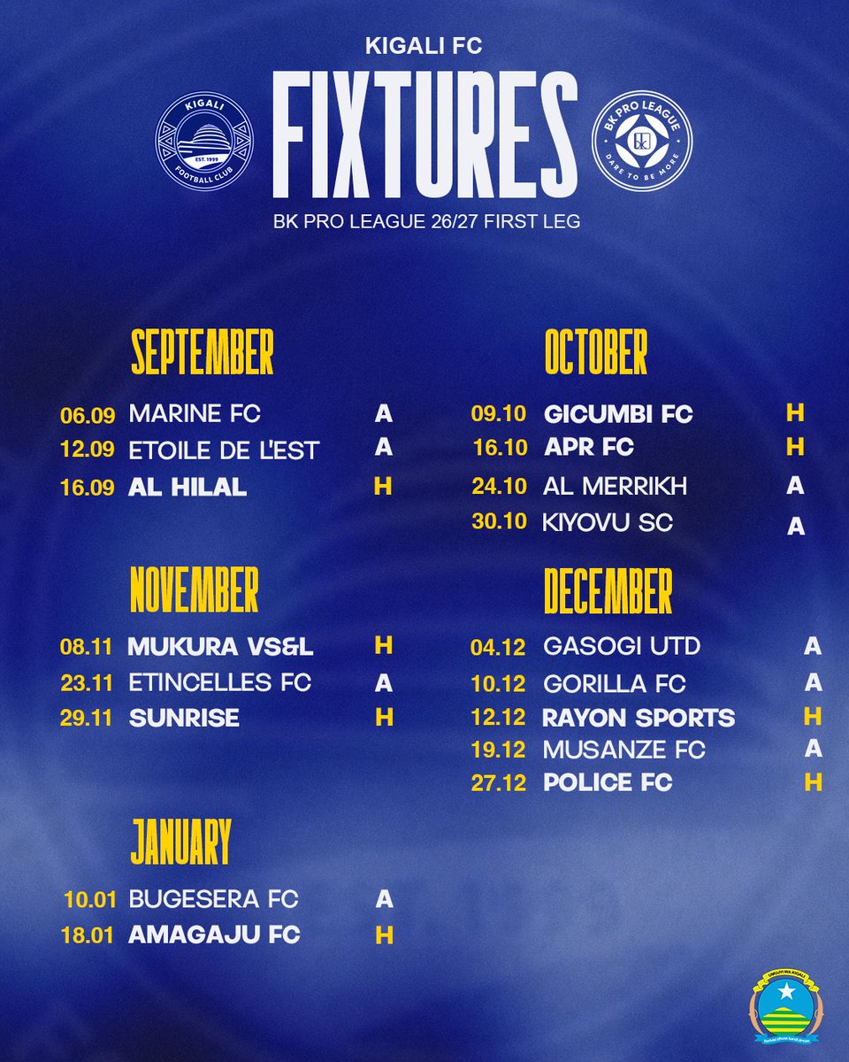 KigaliFC's tweet photo. First leg. New season. Big ambitions. 💪🏾🔥
We’re ready for the 2026/27 BK Pro League! ⚽️

#citizens #BKProLeague #fixtures https://t.co/vdXTfRXKys