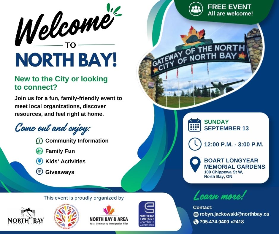 NBFES's tweet photo. Are you new to North Bay or looking to connect with local organizations and services? Join us on September 13th at Boart Longyear Memorial Gardens for an afternoon of fun at the Welcome to North Bay Event.
#WelcometoNorthBay #WelcomeWeek2026 #MoveUp #NorthBay https://t.co/fEVLSpsJFb