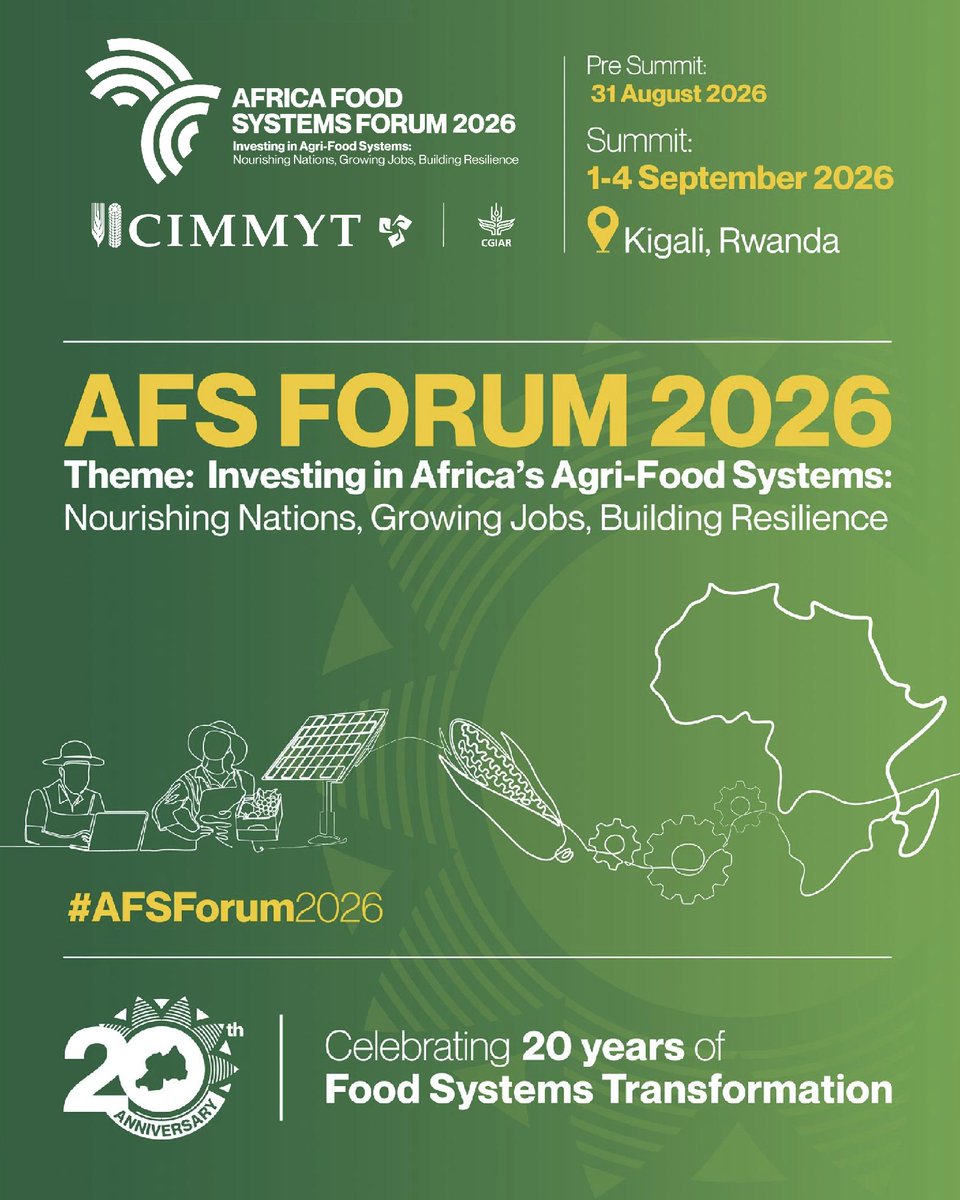 CIMMYT's tweet photo. Africa's food systems are under pressure. CIMMYT brings scalable solutions ready to act. Join us in Kigali, Aug 31-Sept 4. #AFSForum2026 https://t.co/ytrfHCNFIh