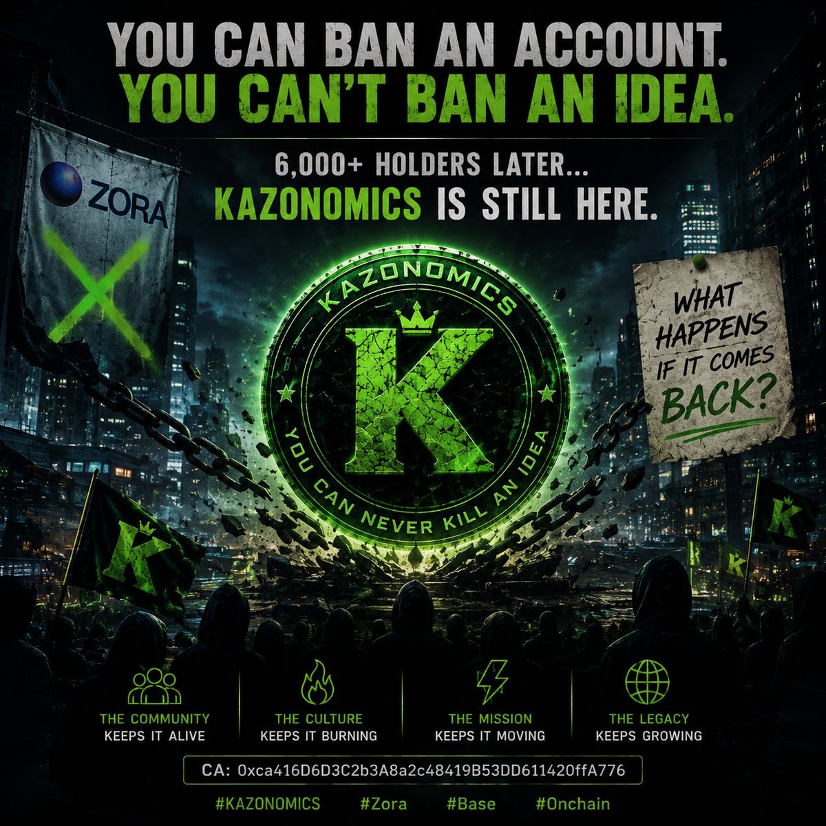 usaagentnet's tweet photo. They removed the account.

They couldn’t remove the idea.

6,000+ holders.
$868K market cap.
And $KAZONOMICS is still here.

Maybe the question isn’t what happened to KAZONOMICS…

What happens if it comes back? 👀🟢

@TheRealNomics @zora

CA:
0xca416D6D3C2b3A8a2c48419B53DD611420ffA776

#KAZONOMICS #Zora #Base #Onchain

MC at time of posting.