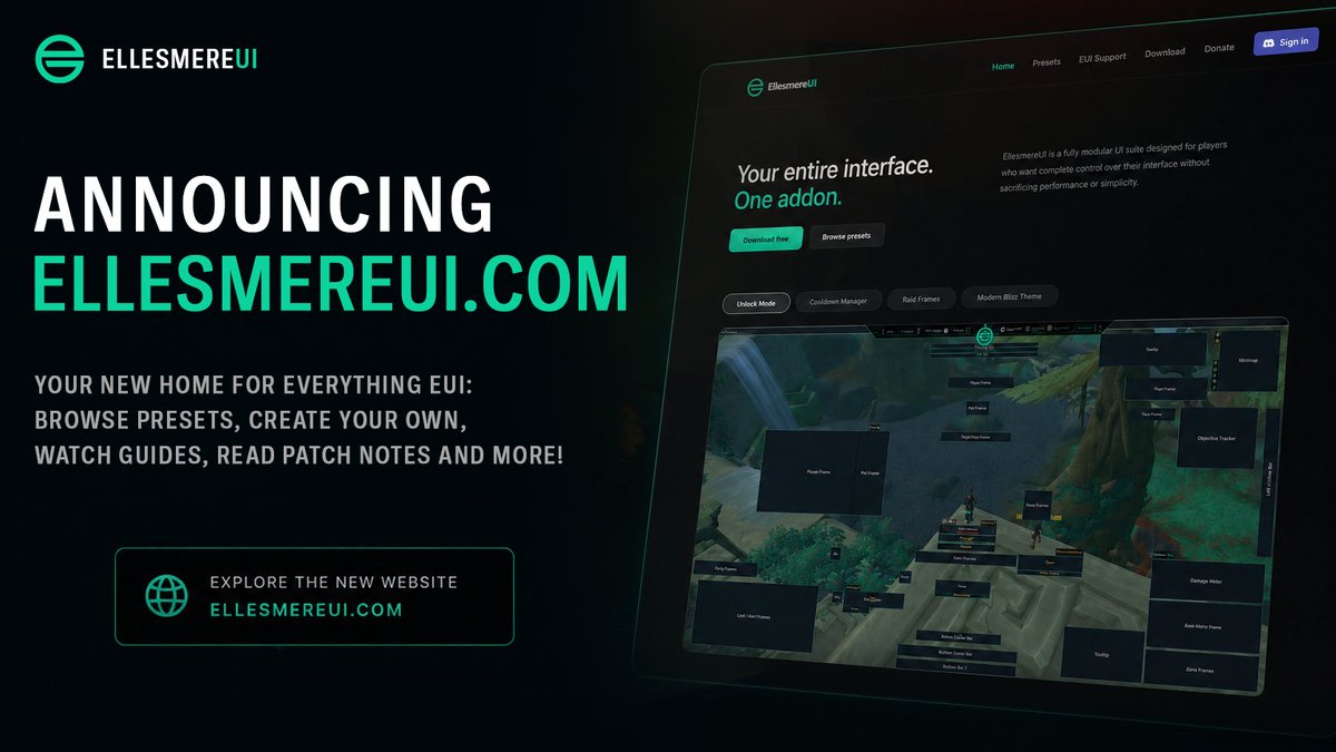 EllesmereGaming's tweet photo. Announcing: https://t.co/9w9sWT4yrr

EllesmereUI finally has a home! Here you can browse and share community presets, download the latest update, watch tutorials, read patch notes, find support, and more.

The Preset Gallery will be the new home of the "Share Your EUI" channel from discord where anyone can upload their own community preset or browse others, then copy the import strings directly into EUI.