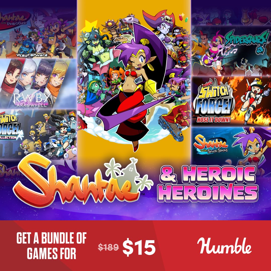 WayForward's tweet photo. The best WayForward deal ever! Get 9 full PC games, including four Shantae titles, River City Girls, Spidersaurs, Mighty Switch Force Collection &amp; more, plus a discount on Shantae Advance, for an insanely low price on @Humble! https://t.co/2stabIh63l https://t.co/yZF7PWFyx8