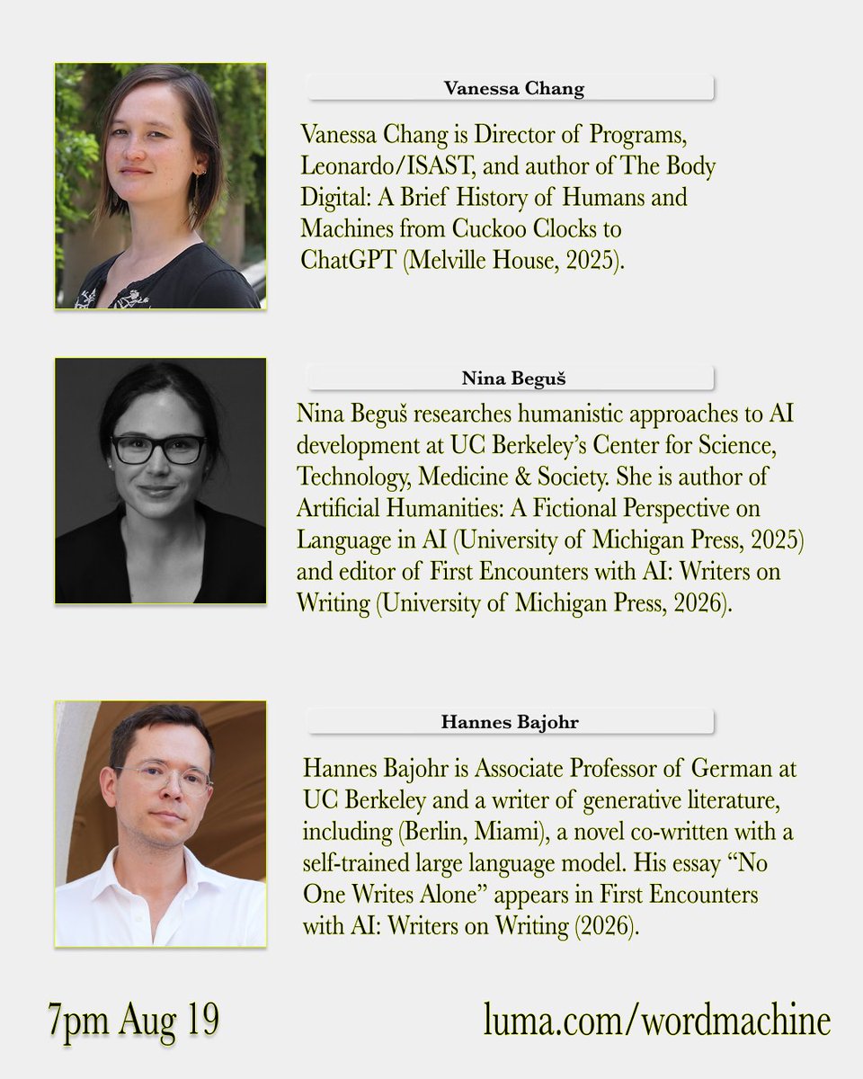 tiatplace's tweet photo. this wednesday at tiat ⭐️

join @ninabegus Hannes Bajohr and Vanessa Chang @LeonardoISAST to discuss how AI is reshaping how we write and how we know 𓅪 https://t.co/BIFijsdFm0
