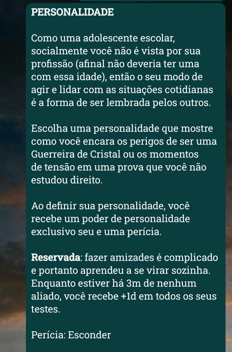GoiaboRPG's tweet photo. Personalidades escritas:

- Reservada
- Espertinha
- Briguenta
- Chorona
- Oradora
- Nerd https://t.co/7GkCyf3n9C