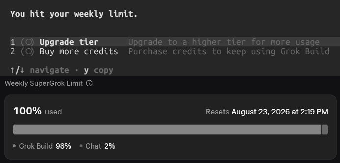 tarkum's tweet photo. gg, see you next monday?

One whole workday of Grok Build use from the SuperGrok 30€/mo subscription's weekly limit...

Frustrating, but can't really complain, that cost gives me
- X Premium +
- Grok chat use
- Brok Build access

Even if it's 4 days of work a month, 8€/day is not that expensive for what would otherwise take a week to get built.

(P.S. Rate my cope 🤣)
