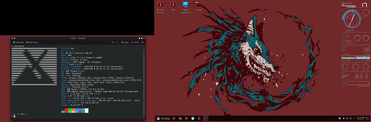 BikerWolfSDA's tweet photo. Trying a new plasma theme called "Numbpilled Ritual" combined with some other visual elements, and I like the overall look. Also, I'm using my 24" TV as a 2nd monitor again since it simplifies my setup. 🤓 https://t.co/YJOg5kEu3e