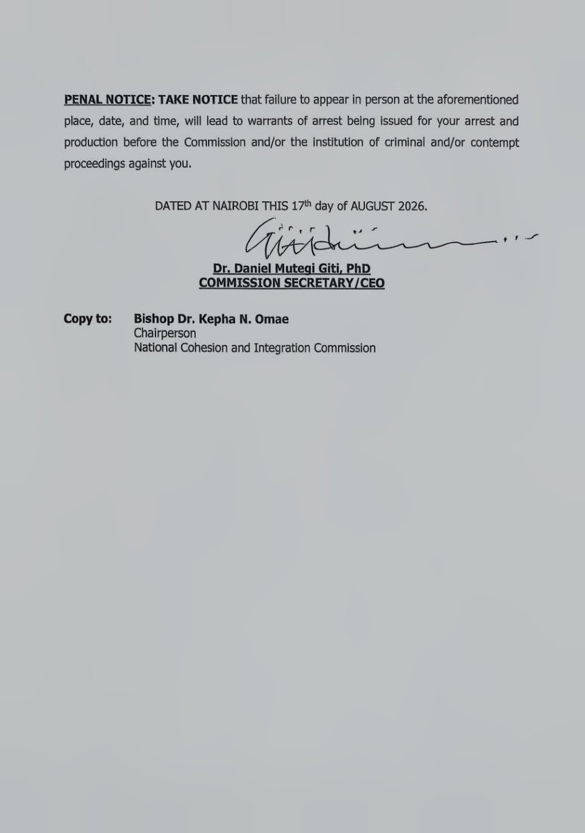 NCIC_Kenya's tweet photo. The #NCIC has officially summoned Hon. Peter Kaluma, MP for Homa Bay Town Constituency, to appear before it on Wednesday, 19th August 2026, following utterances he made in Homa Bay on Saturday, 15th August 2026.

@ntvkenya @citizentvkenya @KTNNewsKE @K24Tv @inoorotv @KamemeTvKenya @DCI_Kenya @IEBCKenya 
#AmaniKwaGround #OnePeopleOneNationOnedestiny
