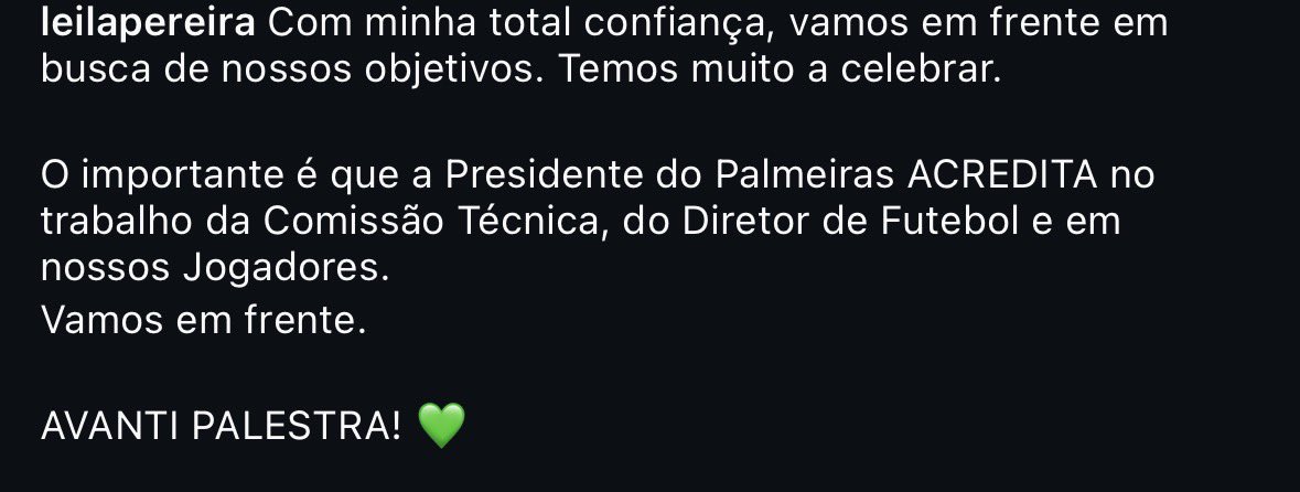 Infos_palestra's tweet photo. Leila Pereira sai em defesa da Comissão técnica, dos jogadores e de Anderson Barros

“Presidente do Palmeiras ACREDITA no trabalho” https://t.co/bg8NqbmFkJ