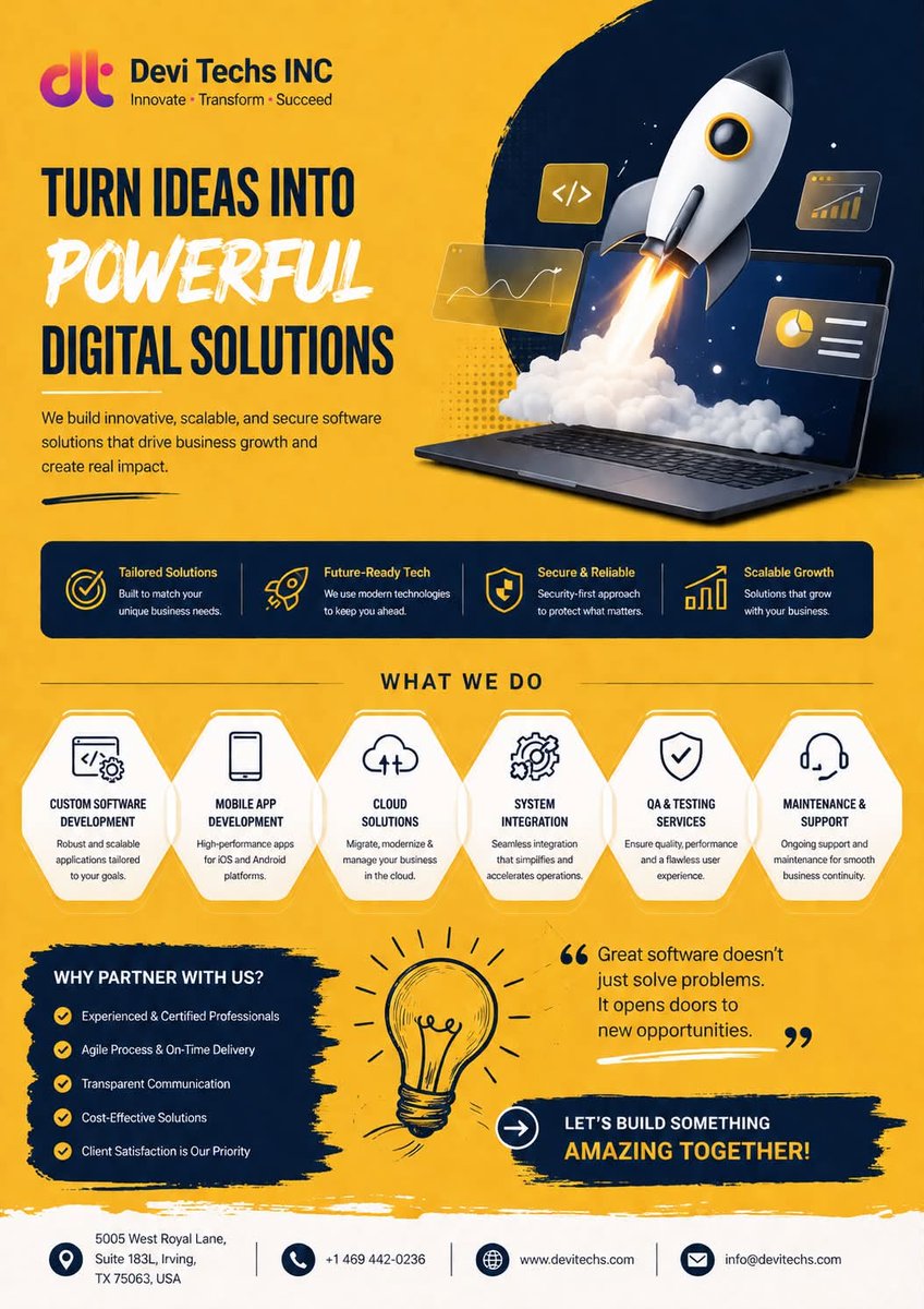 devitechs_inc's tweet photo. 💡 Great ideas deserve powerful technology.

At Devi Techs INC, we build innovative software solutions that help businesses automate, improve efficiency, and accelerate digital growth.

🚀 Innovate. Build. Scale.

#SoftwareDevelopment #DigitalTransformation #CloudSolutions https://t.co/RAT1qBoeHt