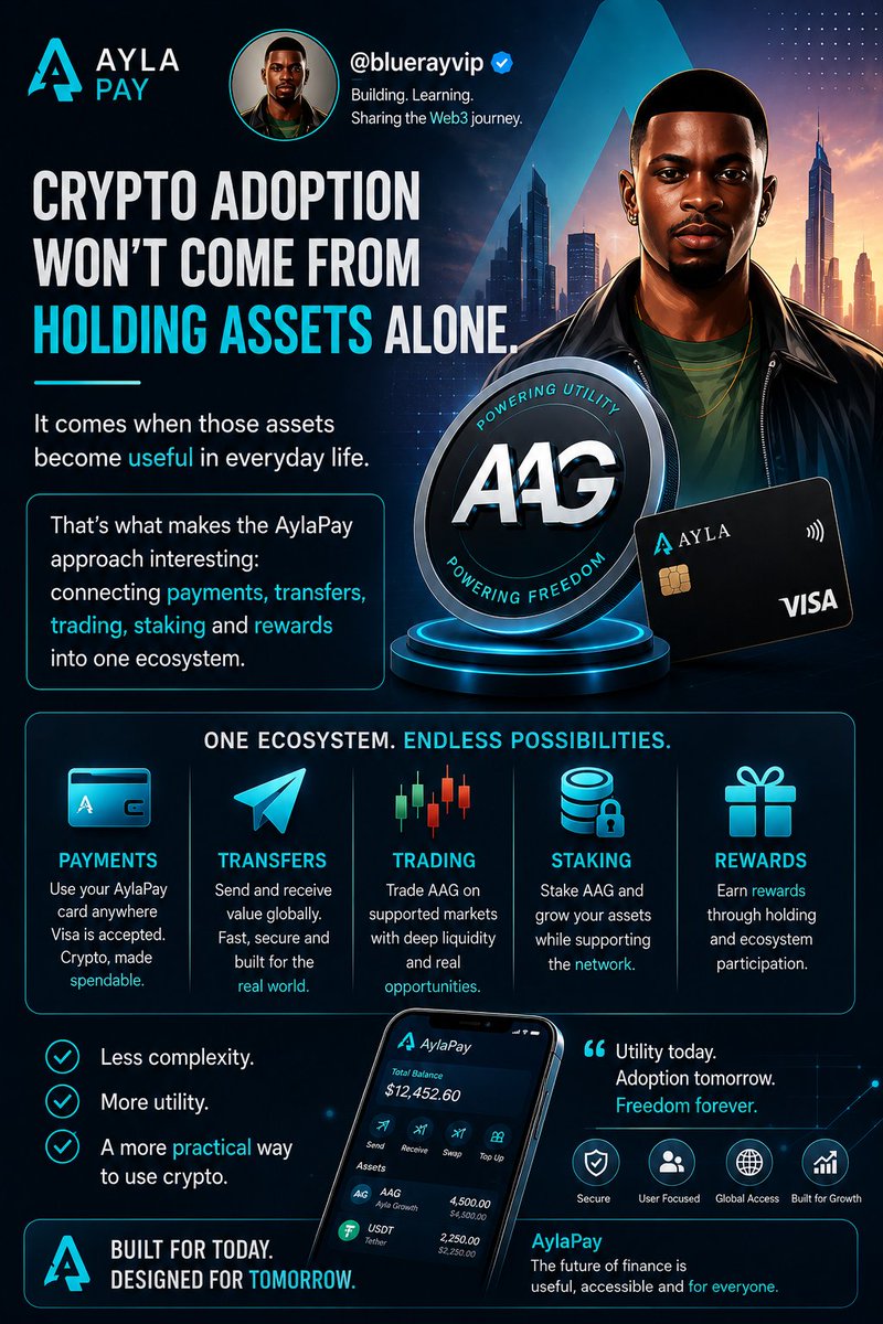 BLUERAYVIP's tweet photo. Crypto adoption won’t come from holding assets alone.

It comes when those assets become useful in everyday life.

That’s what makes the @aylaglobal approach interesting: connecting payments, transfers, trading, staking and rewards into one ecosystem.

Complexity. More utility. https://t.co/4Q1RCeGqhX