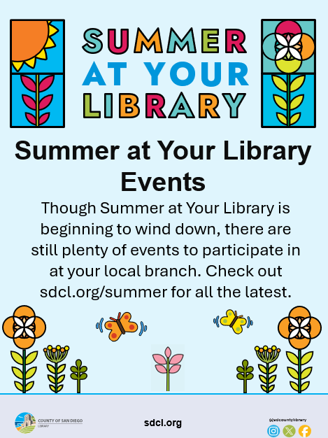 SDCountyLibrary's tweet photo. There are still plenty of Summer at Your Library events to get involved with at your local branch! Check out https://t.co/Pf742ixb1p for all the latest updates and to find events near you. 😎📚 https://t.co/TBTPJhLGJC
