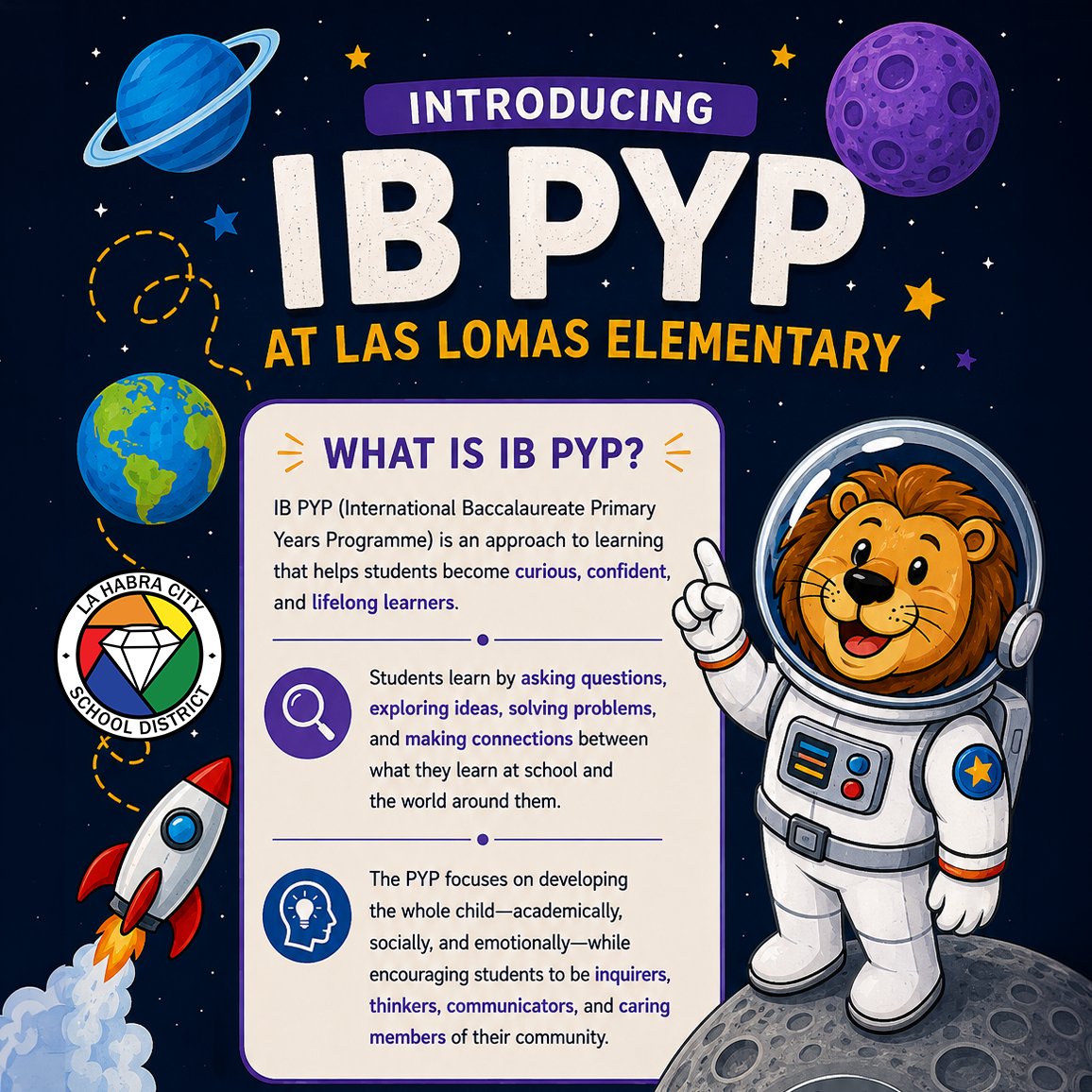 LHSchools's tweet photo. 🚀 Introducing IB PYP at @LasLomasSchool !

Las Lomas Elementary is excited to be a Candidate School for the International Baccalaureate Primary Years Programme (IB PYP)!

The IB PYP is an approach to learning that helps students become curious, confident, and lifelong learners. Through inquiry and exploration, students learn by:

🔎 Asking questions
💡 Exploring ideas
🧩 Solving problems
🌎 Making connections between classroom learning and the world around them

The IB PYP focuses on developing the whole child academically, socially, and emotionally, while encouraging students to become inquirers, thinkers, communicators, and caring members of their community.

As Las Lomas pursues authorization as an IB World School, we are excited about creating meaningful learning experiences that challenge students, inspire curiosity, and prepare them to engage with the world around them.

��� Curious minds. Meaningful connections. Lifelong learners.

#LasLomasElementary #LHCSD #IBPYP #InternationalBaccalaureate #PoweredbyPurpose #InquiryBasedLearning #WholeChild #FutureReady