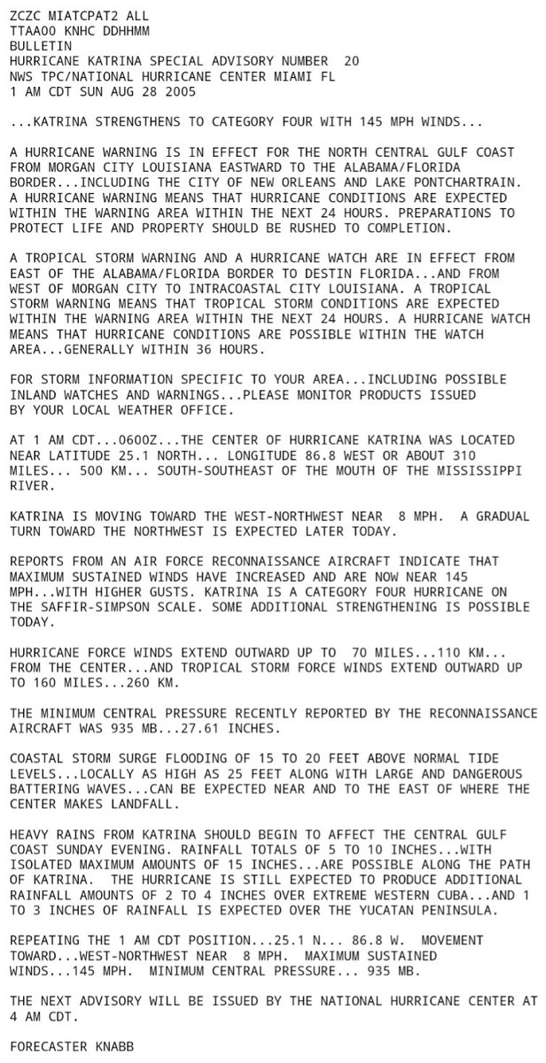 weather_history's tweet photo. August 28, 2005:

The 1 AM NHC update raised Hurricane Katrina to Category 4 intensity. By 7 AM, it was a Category 5 with winds of 160 mph.

Around 10 AM CDT, a mandatory evacuation was issued for New Orleans. At 10:11, NWS New Orleans issued its infamous bulletin.

#wxhistory https://t.co/JqwhG2Tsh2
