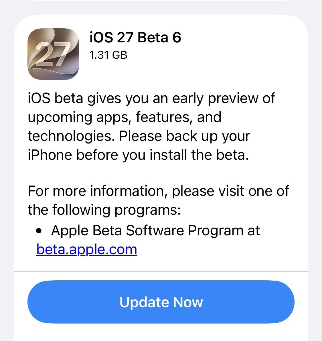 imustafasanaul's tweet photo. 📱 iOS 27 Beta 6 is here with a 1.31 GB update! Apple’s latest beta offers an early preview of upcoming apps, features and technologies. Back up your iPhone before installing.
#iOS27 #Apple #iPhone #iOSBeta #AppleUpdate #MustafaSanaul 👨💻 https://t.co/2FzvlkBucz