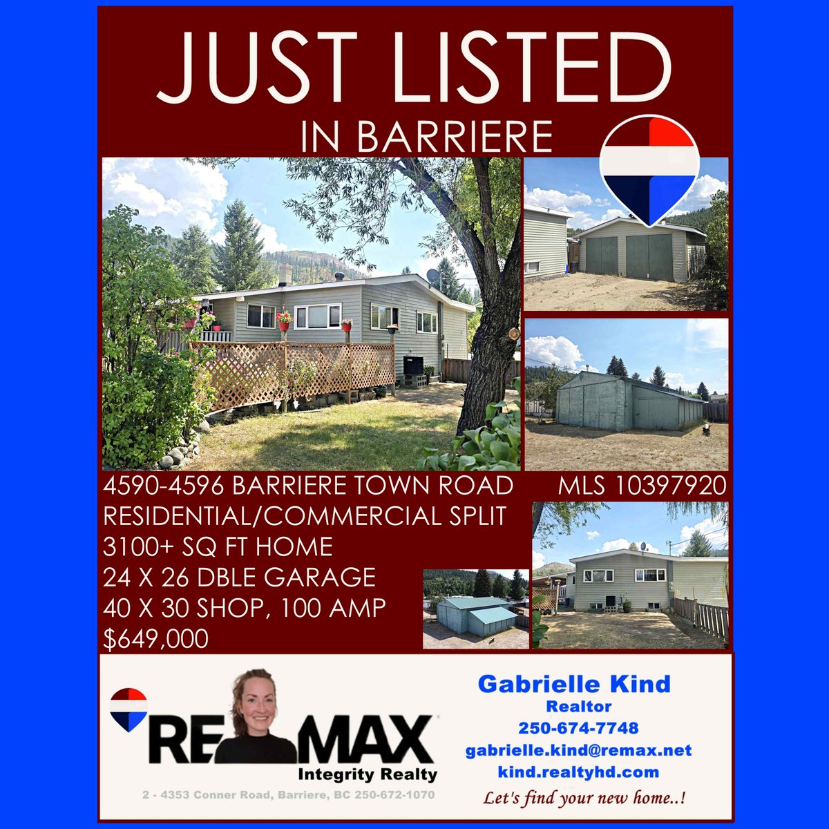 ReMaxBarriere's tweet photo. SPLIT RESIDENTIAL/COMMERCIAL OPPORTUNITY!
4590 – 4596 BARRIERE TOWN ROAD ~ $ 649,000
https://t.co/Vsb2Wcwrnn https://t.co/fygkq5tKbQ