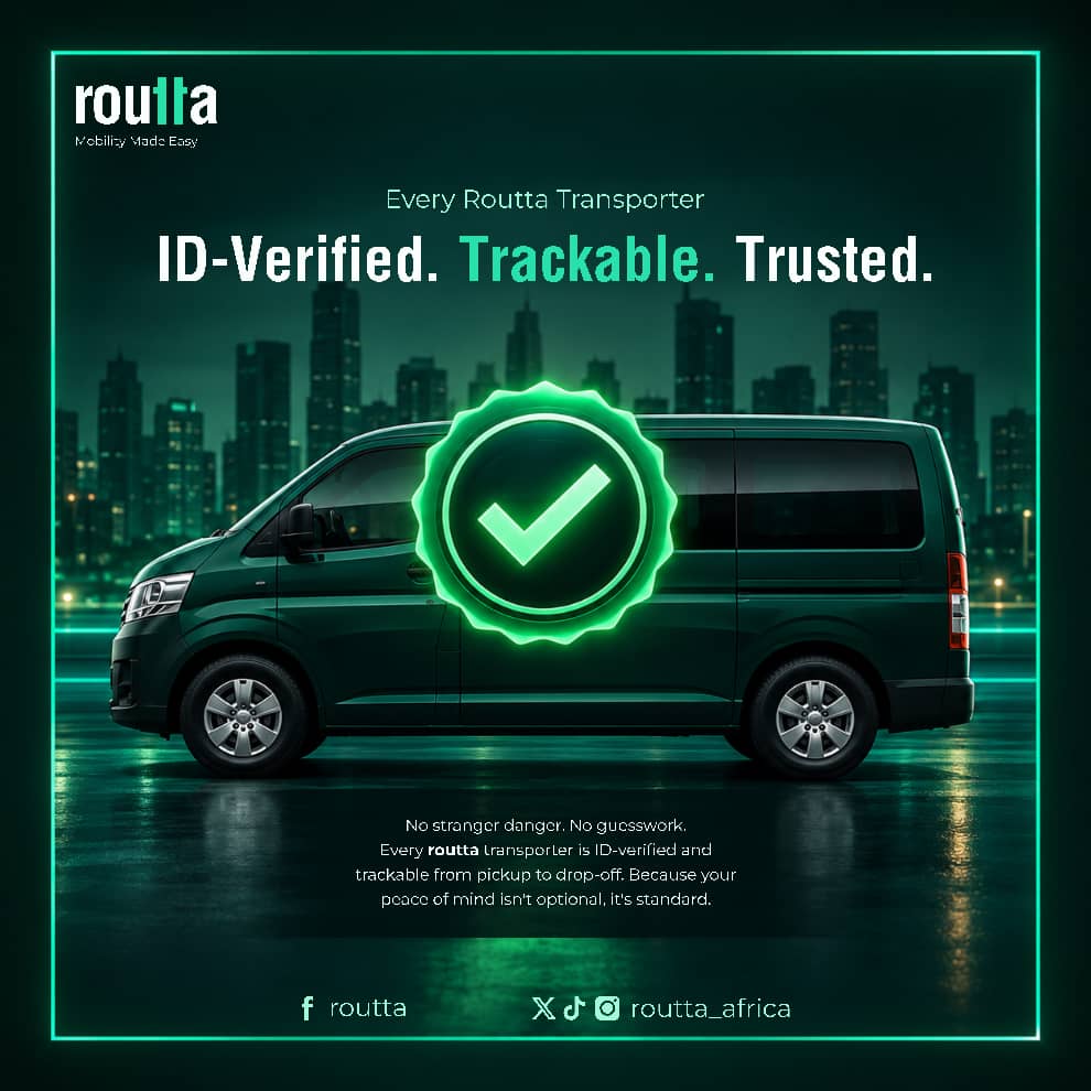 routta_africa's tweet photo. Your journey deserves more than just a ride. It deserves trust.
At Routta, every transporter is ID-verified and trackable, giving you greater confidence from pickup to drop-off.
ID-Verified. Trackable. Trusted.
That’s the Routta standard. 🚐
#Routta #MobilityMadeEasy https://t.co/nAQGYvzJ74