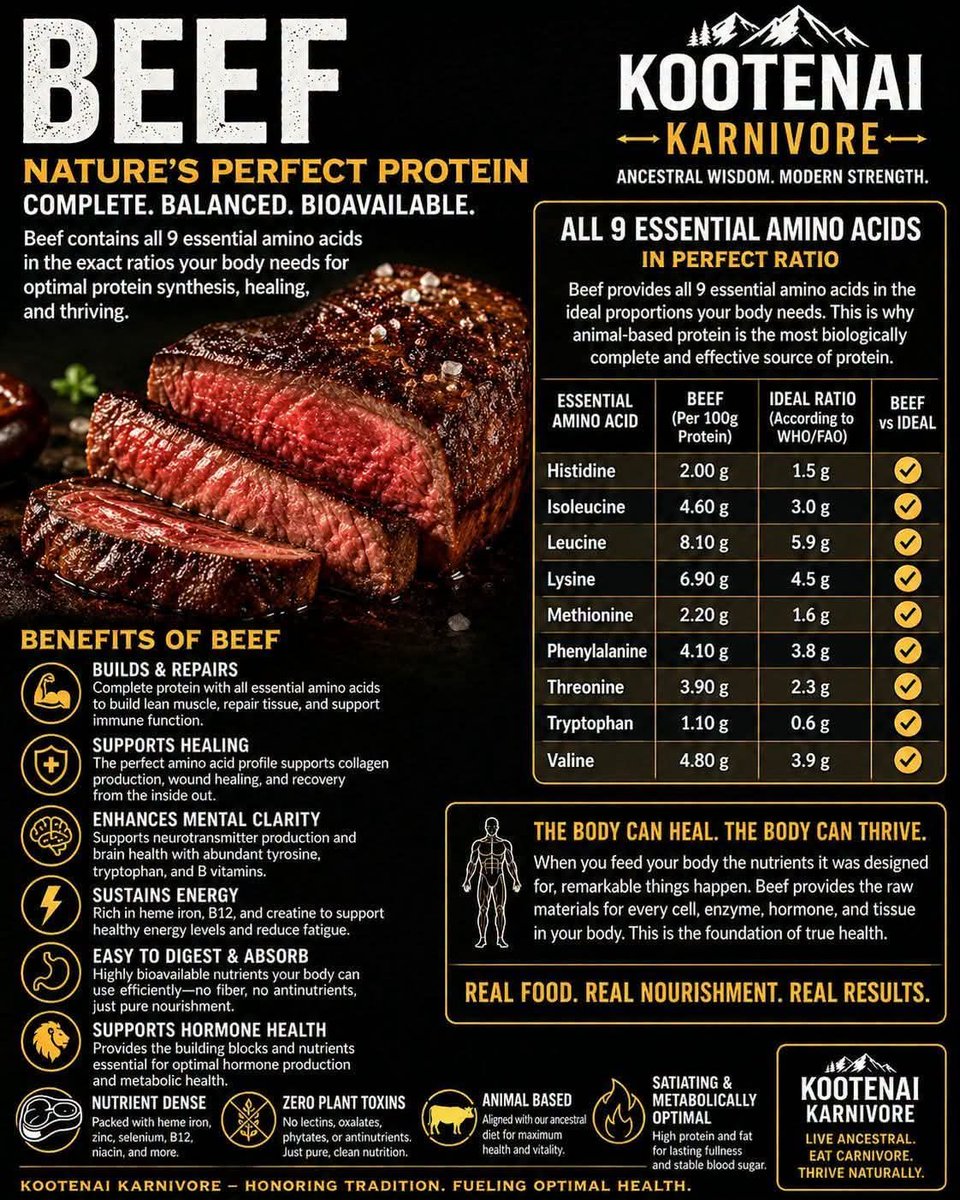KKarnivore1488's tweet photo. Beef contains all 9 essential amino acids in the exact ratios your body needs for optimal protein synthesis, healing and thriving.π₯©πͺπ₯π€ #properhumandiet #carnivorediet #meatheals #carnivore #animalbased #ancestralhealing #kootenaikarnivore https://t.co/CTubHoQYna