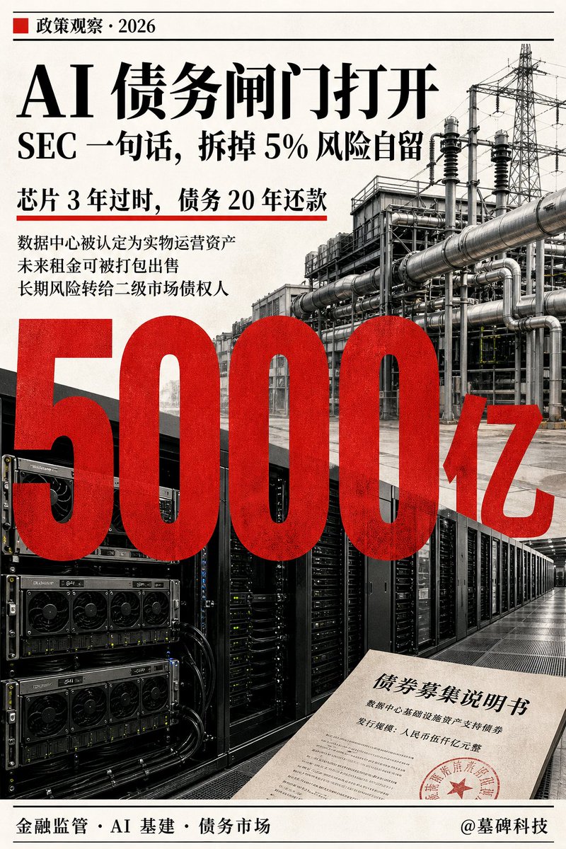 mubeitech's tweet photo. 美国证券交易委员会（SEC），刚把 2008 年金融危机后立下的防爆门拆了。

5000 亿美元的 AI 基建融资潮，闸门瞬间被拉开。

华尔街顶级律所瑞生（Latham & Watkins）去问了一个技术问题。
数据中心发行的债务，算不算「资产支持证券」？
SEC 答复极轻描淡写：不算。

就这轻轻一笔，几千亿资金当场解渴。
为什么？
因为 2010 年《多德-弗兰克法案》里那条最致命的紧箍咒，失效了。

当年次贷危机是怎么来的？
华尔街把劣质贷款打包卖掉，自己抽完佣金走人，爆雷全由买家扛。
为了治这个毛病，国会立了条硬杠杠：
打包资产的人，必须在自己账上硬留至少 5% 的信用风险。
赚了你有份，炸了先砍你 5% 的本金。
这 5% 的真金白银，逼着发���人不敢闭着眼发垃圾。

到了 2026 年，这套规则撞上了 AI。
算力中心太烧钱了。
英伟达的 GPU、变电站、液冷系统、核电供电协议，动辄要吞掉几千亿美元。
如果每发一笔债券都要自己背 5% 到 30% 的风险资本，科技巨头和私募的资产负债表当场就会被撑爆。

怎么破局？
律所翻出了 1934 年《证券交易法》的字眼。
法律规定，资产支持证券抵押的必须是车贷、房贷这种还完就没的「自偿性金融资产」。
律所对 SEC 说：数据中心有土地、有厂房、有持续运维和电力合同，这叫「实物运营资产」，不是借条。
SEC 点头认了。

字眼一改，5% 风险自留的紧箍咒直接归零。
发起人可以把数据中心的未来租金打包成证券，百分之百���给外部市场。
前端拿走算力、芯片采购分成和管理费。
后端把长达数十年的折旧、电力断供、技术迭代和违约风险，全额甩给二级市场的债权人。
他们自己在账上，不需要留一分钱的风险准备金。

更要命的反差在哪？
芯片迭代只要两三年，背后的债务周期却长达二十年。
芯片过时的速度，远快于厂房还贷的速度。

一台连发起人自己都不愿留 5% 风险的庞大机器，正在被包装成优质资产全额发售。
上一次华尔街这么确信自己把风险完全转嫁掉的时候，刚好是十八年前。