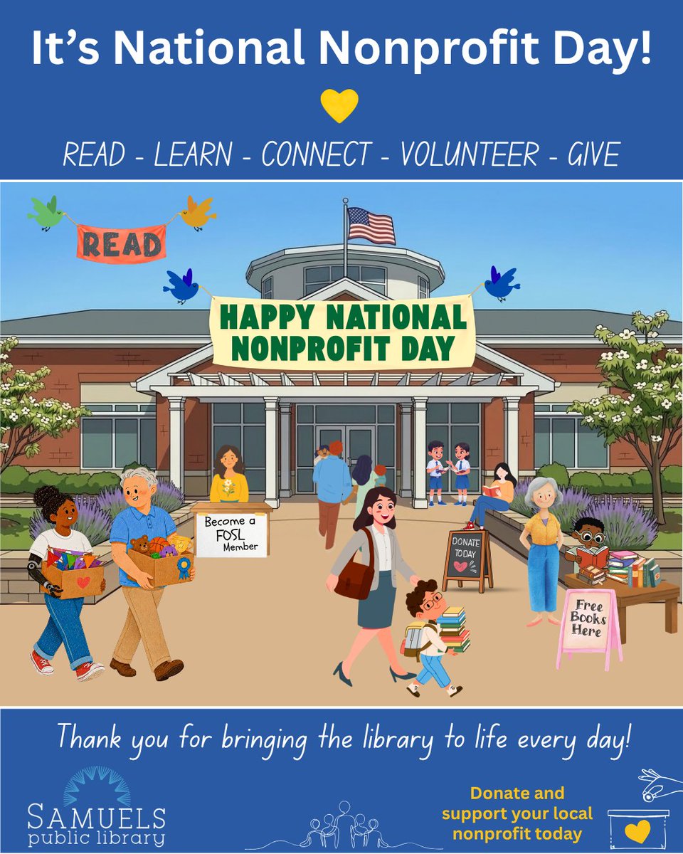 samuelslibrary's tweet photo. Happy National Nonprofit Day!๐คฉ
Did you know: About 14% of the nation's libraries are registered nonprofits, and Samuels Library is one of them!๐
Consider donating today๐ฉตโก๏ธ https://t.co/r1ZDhFaoP2
#NationalNonprofitDay #SamuelsLibrary #FrontRoyalVA #PublicLibraries https://t.co/sGE4RarQoP