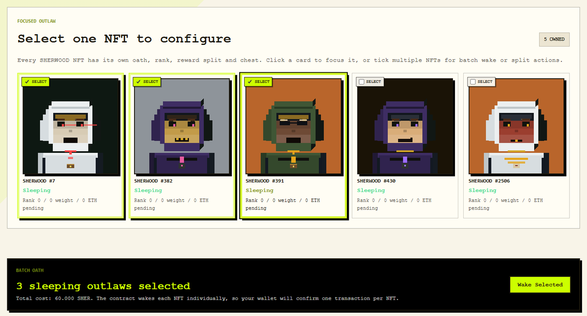 SherwoodsNFT's tweet photo. New SHERWOOD update is live.

You can now manage multiple NFTs at once:
- Select multiple Outlaws
- Wake them together
- Upgrade rank for selected active NFTs https://t.co/LnRTLqp6tV