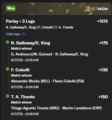 StickyPickz's tweet photo. Easy live Tennis money

$$

Love seeing green before the day even really gets started.

#TennisBetting #FreePicks #Sports #SportsBetting #GamblingX https://t.co/jE71PUckKn
