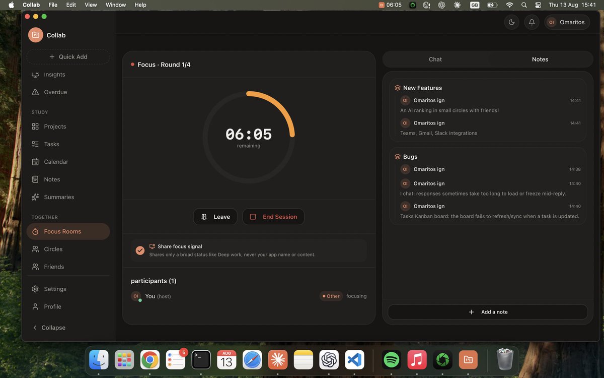 OmarIgns's tweet photo. Day 16 : Building Collab
The coworking layer for student hustlers, bootcampers' crews, and founders' teams to accelerate your executions and bunch tools to achieve more!! 

AI-assisted chat & summaries
Live focus rooms
Auto-tracked streaks
Shared session notes
Close circles' momentum 
and more all in your mac/win os

Join the waitlist :  https://t.co/KcMAjxpQ0O

we have  just 2 waitlisted now -> road to 500 users waitlisted 

Give us feedback!!!!
