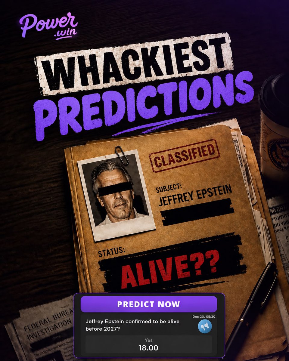 powerwin_casino's tweet photo. People will literally predict anything! Can we get the files released?
What's the weirdest prediction you know?
#PowerWin #Sports #CryptoCasino #PredictionMarket https://t.co/9GdrM1q9Eb